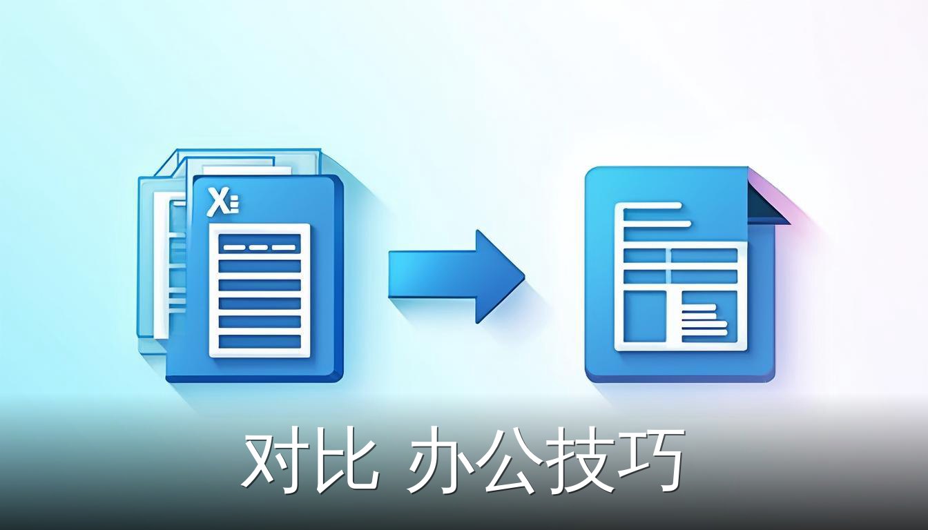 Excel 对比办公技巧的扁平插画，展示从杂乱数据到清晰对比结果的转变