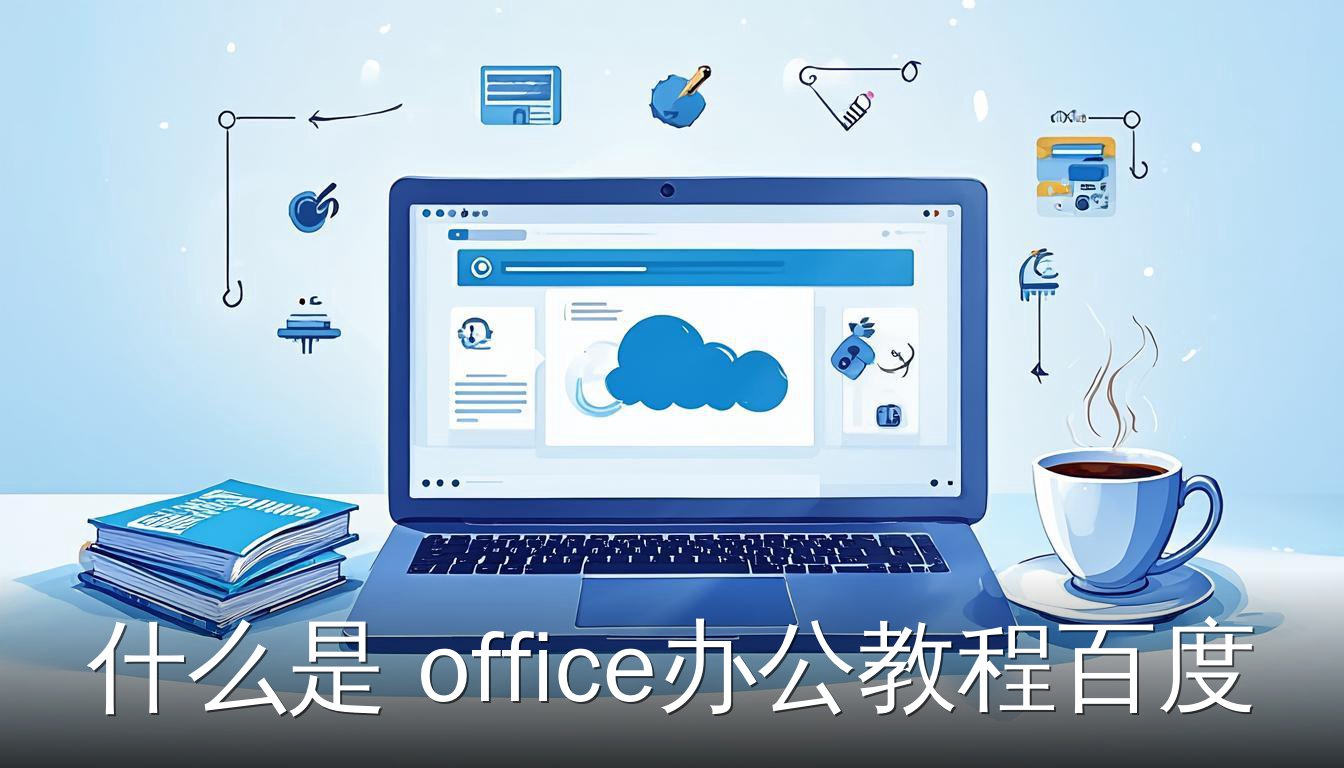 办公教程百度网盘界面与Office书籍和咖啡的扁平插画