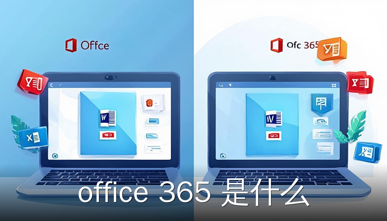 Office 365 是什么：笔记本电脑显示 Office 365 登录页面，周围有 Word、Excel 和 PowerPoint 图标，代表办公套件